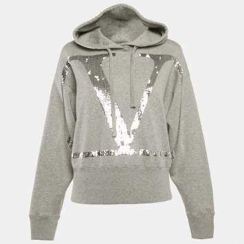 Pre Owned Valentino Grey Logo Sequin Cotton Knit Hooded Sweatshirt L