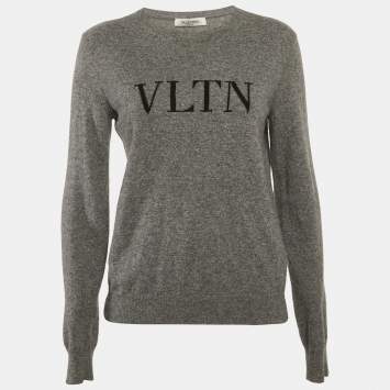 Pre Owned Valentino Grey VLTN Intarsia Wool Blend Sweatshirt L