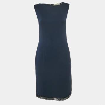 Pre Owned Valentino Navy Blue Crepe Embellished Hem Sleeveless Mini Dress M