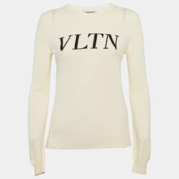 Pre Owned Valentino Cream VLTN Intarsia Wool Blend Sweater S