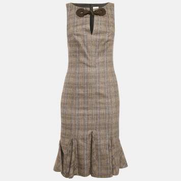 Pre Owned Valentino Brown Plaid Wool Sleeveless Flounce Short Dress M