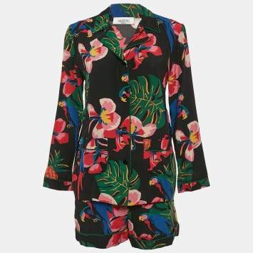 Pre Owned Valentino Black Printed Silk Pajama Shirt and Shorts Set XS
