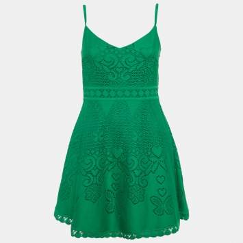 Pre Owned Valentino Green Patterned Knit Strappy Mini Dress S