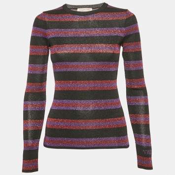 Pre Owned Valentino Purple/Black Striped Lurex Knit Jumper M