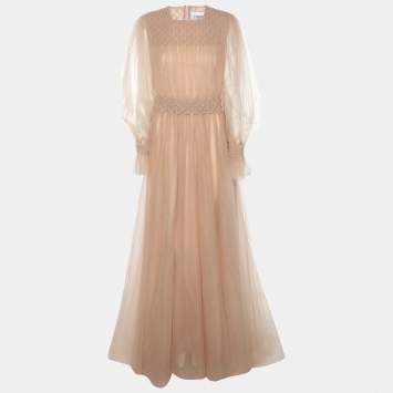 Pre Owned Valentino Pink Tulle Long Sleeve Evening Dress L