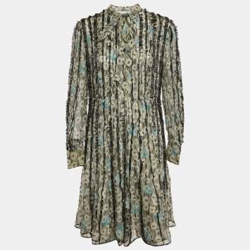 Pre Owned Valentino Multicolor Printed Silk Bead Embellished Pintuck Detail Dress M