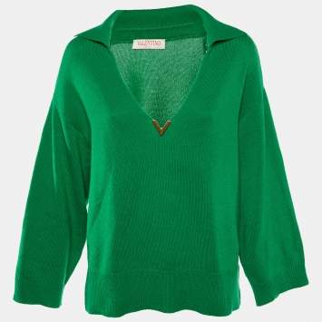 Pre Owned Valentino Green Cashmere Plunge Neck Jumper S