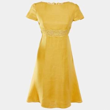 Pre Owned Valentino Yellow Linen & Lace Midi Dress L