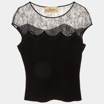 Pre Owned Valentino Vintage Black Wool Knit Lace Trim Top L
