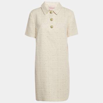 Pre Owned Valentino Off-White Sequin Tweed Button Detail Mini Dress L