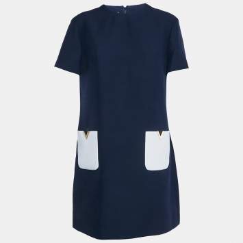 Pre Owned Valentino Navy Blue Wool Blend Pocket Detail Mini Dress L