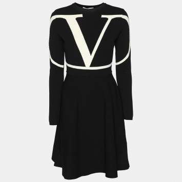 Pre Owned Valentino Black/White Stretch Crepe V Logo Midi Dress XS