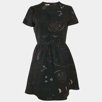 Pre Owned Valentino Black Cosmo Print Wool Blend Mini Dress M