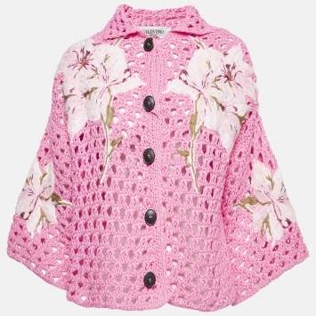 Pre Owned Valentino Pink Floral Embroidered Crochet Short Sleeve Cardigan S