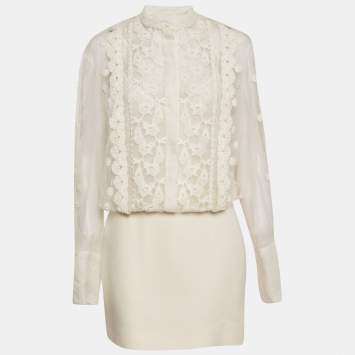 Pre Owned Valentino White Silk and Wool Blend Embellished Lace Detail Mini Dress M