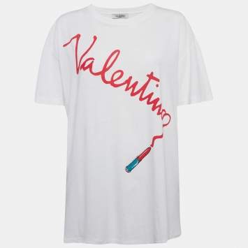 Pre Owned Valentino Garavani White Lipstick Print Cotton T-Shirt M