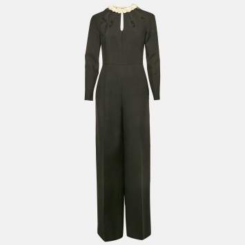 Valentino Black Wool Blend Leather Applique Detail Jumpsuit M 