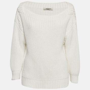 Pre Owned Valentino White Crochet Cotton Knit Long Sleeve Sweater S