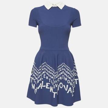 Pre Owned Valentino Blue Logo Jacquard Knit Mini Dress S