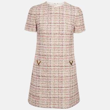 Pre Owned Valentino White/Pink Metallic Tweed Mini Dress S