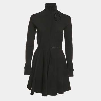 Pre Owned Valentino Black Jersey Floral Applique Mini Dress M