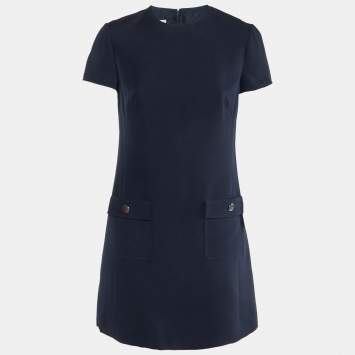 Pre Owned Valentino Navy Blue Wool & Silk Shift Dress M