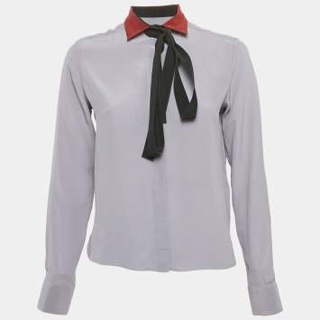 Valentino Grey Silk Contarst Neck Detail Shirt S
