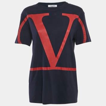 Pre Owned Valentino Navy Blue VLogo Cotton T-Shirt S