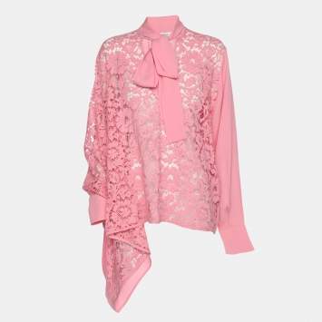 Pre Owned Valentino Pink Silk Lace Neck Tie Blouse S