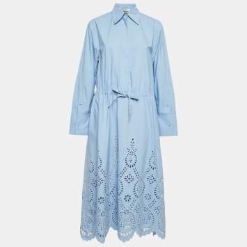 Pre Owned Valentino Blue Broderie Anglaise Cotton Long Sleeve Dress S