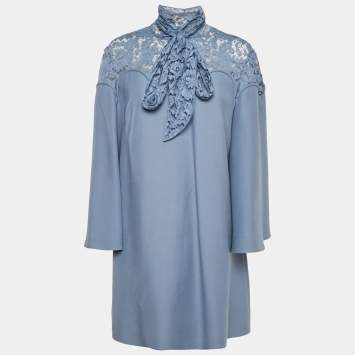 Pre Owned Valentino Blue Wool Blend Lace Detail Shift Dress L