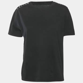 Pre Owned Valentino Black Cotton Knit Stud Detail Crew Neck T-Shirt S