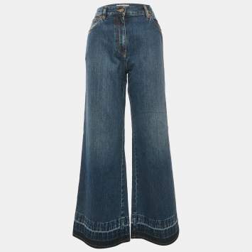 Pre Owned Valentino Blue Denim V Embellished Wide-Leg Jeans M Waist 29"