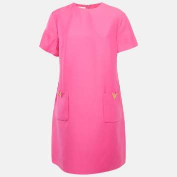Pre Owned Valentino Pink Wool Blend V Metal Detail Shift Dress L