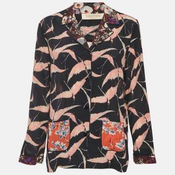Pre Owned Valentino Black Bird Printed Silk Button Front Shirt S