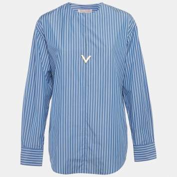 Valentino Blue Stripe Cotton Logo Plaque Detail Blouse S