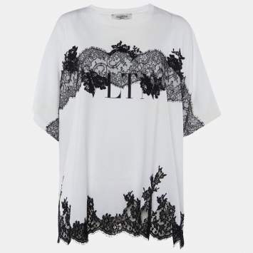 Pre Owned Valentino White Cotton Knit & Black Lace Paneled Oversized T-Shirt M
