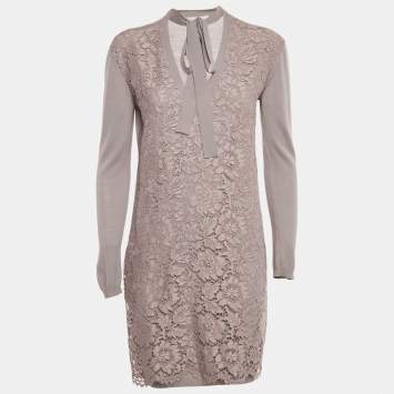 Pre Owned Valentino Mauve Lace and Knit V-Neck Sweater Dress S