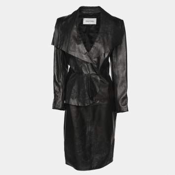 Valentino Black Leather Lace Trimmed Jacket Skirt Set L/M