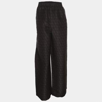 Valentino Black/Brown Logo Print Silk Wide Leg Trousers XL