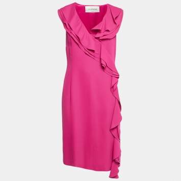 Pre Owned Valentino Pink Crepe Asymmetric Ruffle Sleeveless Short Dress L  