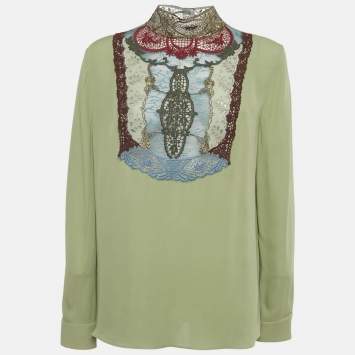 Pre Owned Valentino Green Embroidered Detail Silk Blouse L
