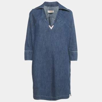 Pre Owned Valentino Blue Denim V Detail Mini Shift Dress S