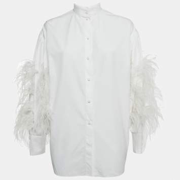 Pre Owned Valentino White Ostrich Feather Trim Cotton Oversized Shirt S
