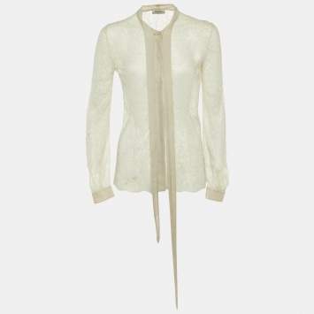 Pre Owned Valentino Pale Grey Lace Neck Tie Sheer Blouse S 