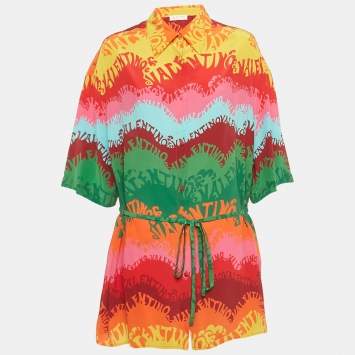 Pre Owned Valentino Multicolor Wave Logo Print Silk Belted Shirt Dress S