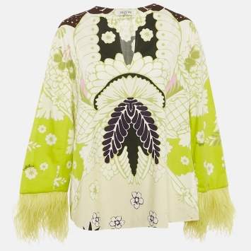 Pre Owned Valentino Green Arazzo Print Cotton Poplin Feather Detail Blouse M