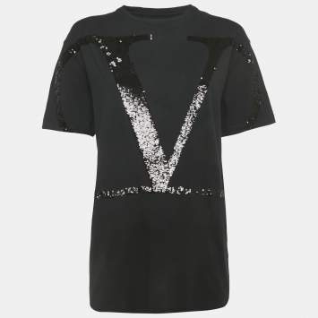 Pre Owned Valentino Black Cotton VLogo Sequence Embellished Crew Neck T-Shirt M 