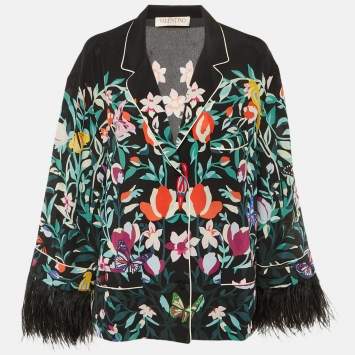 Pre Owned Valentino Black Floral print Silk Feather Trim Shirt XL