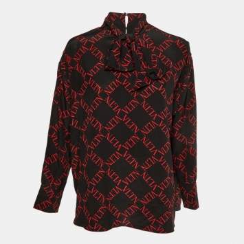 Pre Owned Valentino Black/Red VLTN Print Silk Blend Tie-Up Neck Detail Blouse L